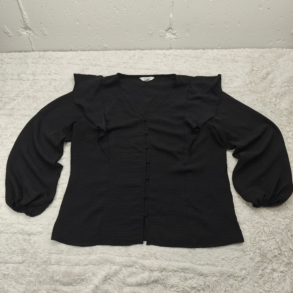 Nine West Womens L Black‎ Blouse Balloon Sleeve Ruffle Whimsigoth Vamp Romantic